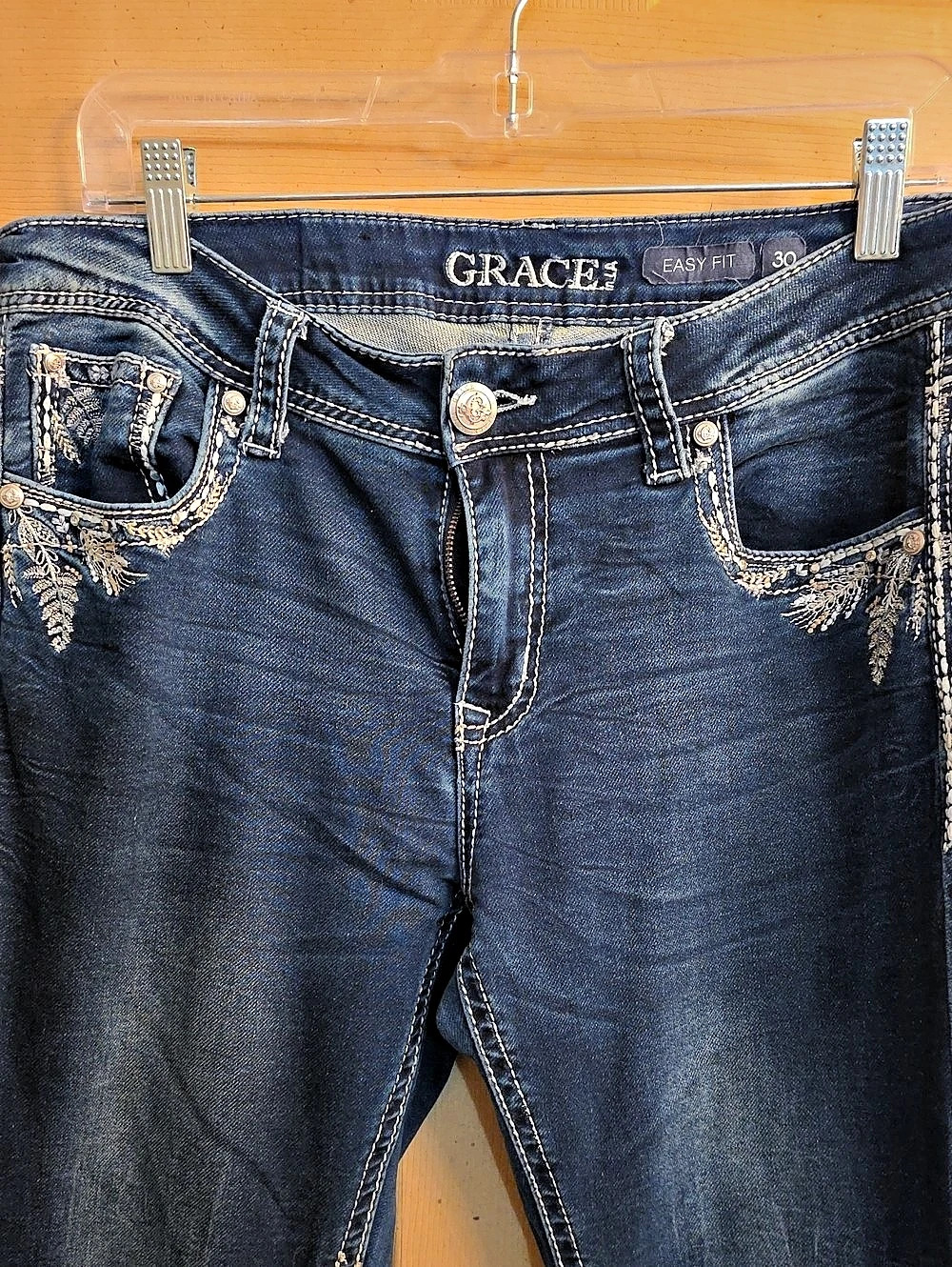 GRACE in LA Easy Fit Embroidered Skinny Jeans Blue Waist 30